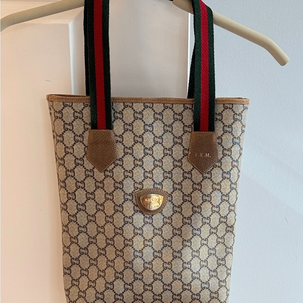 Gucci Brown Monogram Tote with Red and Green Straps